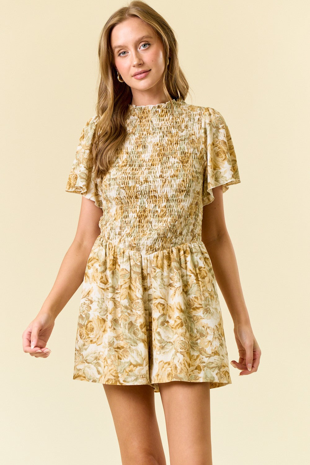 Doe & Rae Textured Floral Print Romper in Lemon/Sage