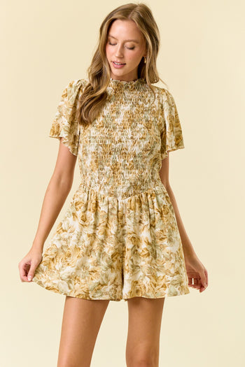 Doe & Rae Textured Floral Print Romper in Lemon/Sage