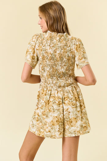 Doe & Rae Textured Floral Print Romper in Lemon/Sage