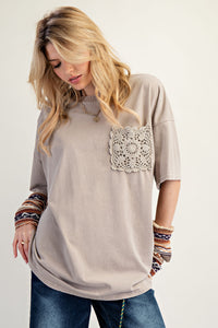 Easel OVERSIZED Mineral Washed Top with Crochet Pocket in Mushroom