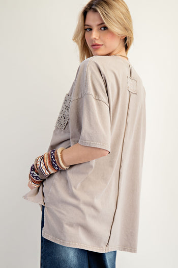 Easel OVERSIZED Mineral Washed Top with Crochet Pocket in Mushroom