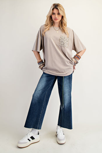 Easel OVERSIZED Mineral Washed Top with Crochet Pocket in Mushroom