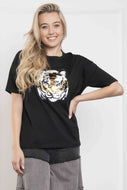 BlueVelvet Knit Top with Large Sequin Tiger Patch on Front in Black