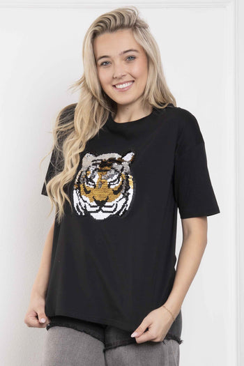 BlueVelvet Knit Top with Large Sequin Tiger Patch on Front in Black