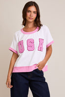 Le Lis Boxy Terry Knit Top with Chenille and Rhinestone USA Patches in White-Light Pink