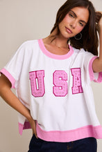 Load image into Gallery viewer, Le Lis Boxy Terry Knit Top with Chenille and Rhinestone USA Patches in White-Light Pink
