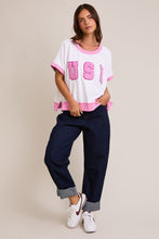 Load image into Gallery viewer, Le Lis Boxy Terry Knit Top with Chenille and Rhinestone USA Patches in White-Light Pink
