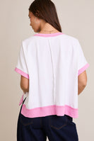Le Lis Boxy Terry Knit Top with Chenille and Rhinestone USA Patches in White-Light Pink