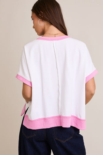 Le Lis Boxy Terry Knit Top with Chenille and Rhinestone USA Patches in White-Light Pink