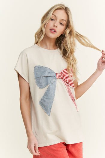 J.Her Mineral Washed Americana Bow Patched Top in Natural