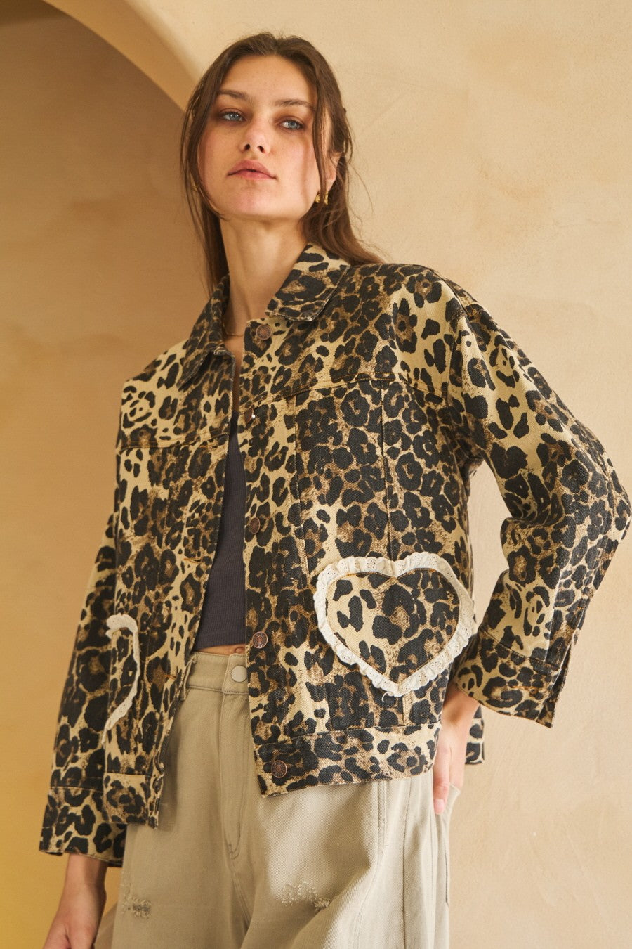 Oddi Denim Jacket with Heart Pockets in Washed Leopard – June Adel