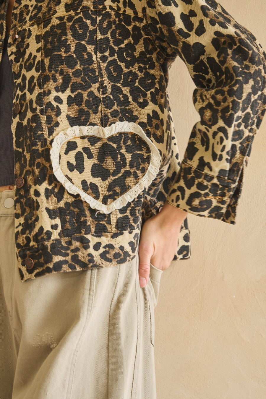 Oddi Denim Jacket with Heart Pockets in Washed Leopard – June Adel