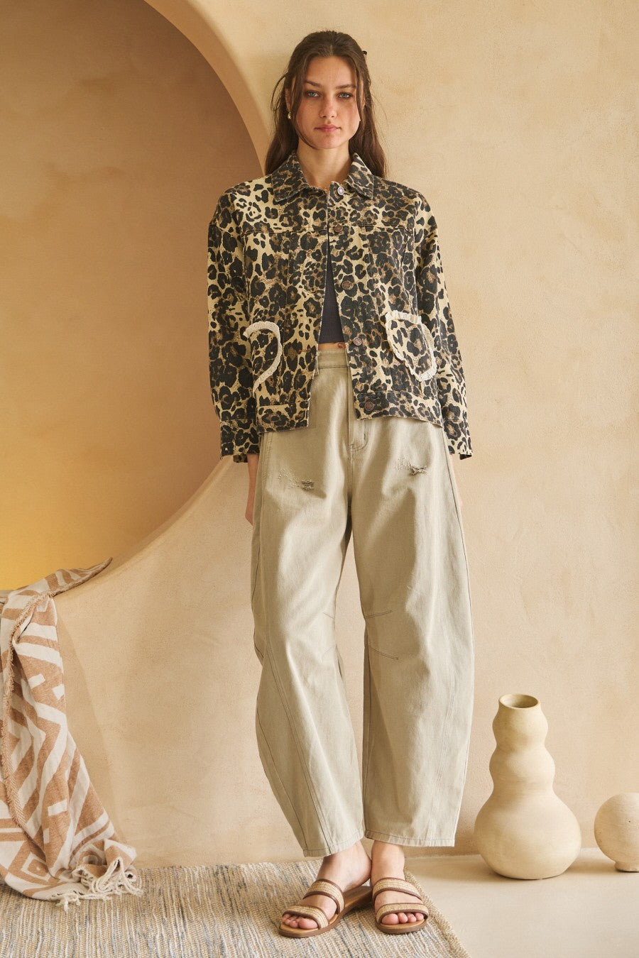 Oddi Denim Jacket with Heart Pockets in Washed Leopard – June Adel