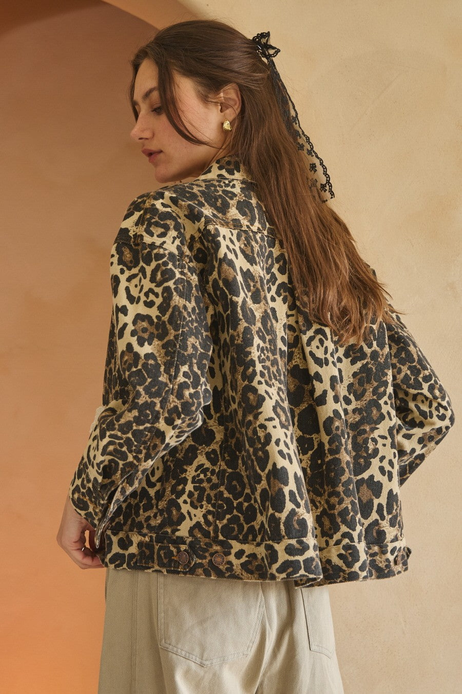 Oddi Denim Jacket with Heart Pockets in Washed Leopard – June Adel