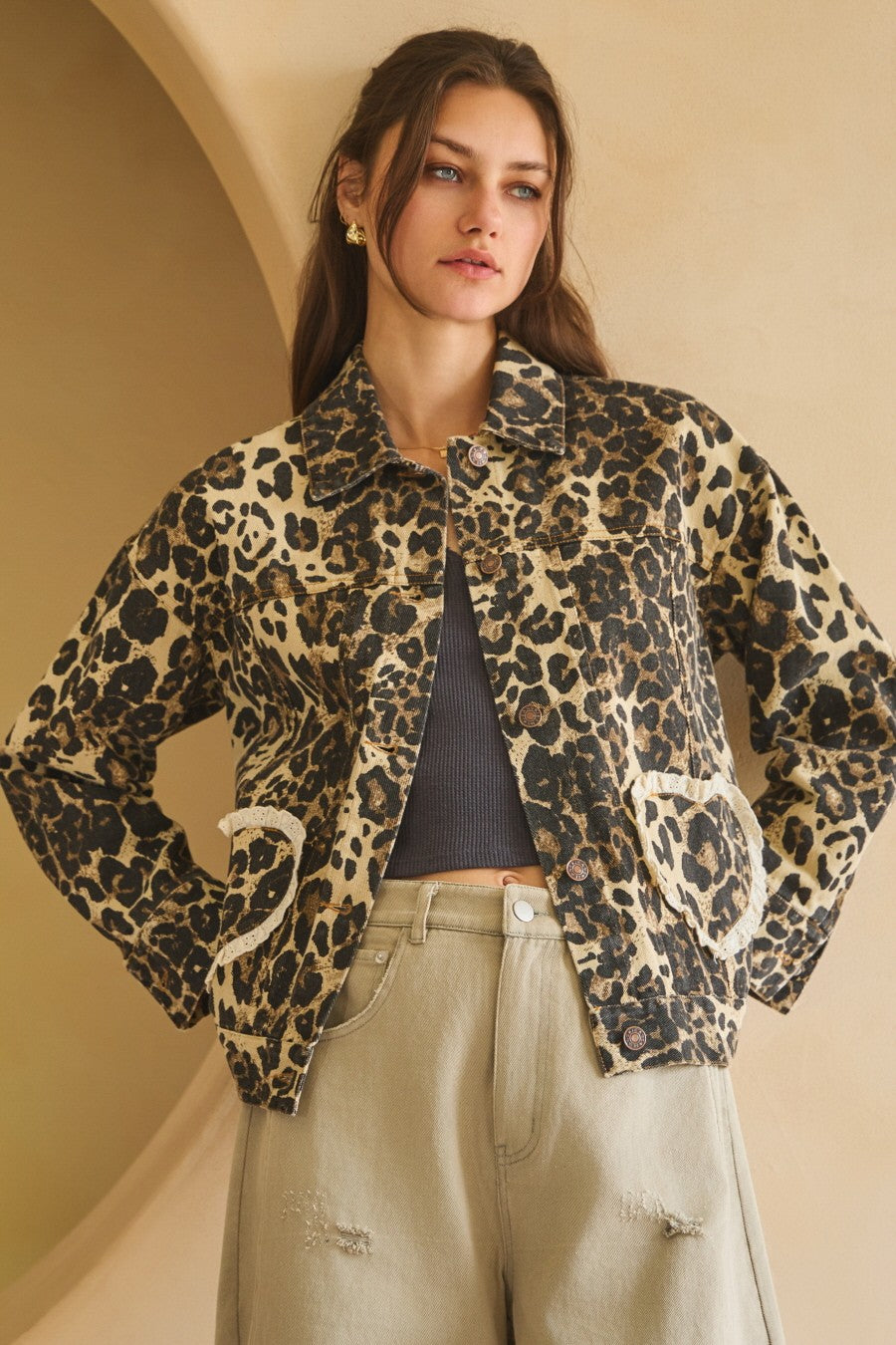 Oddi Denim Jacket with Heart Pockets in Washed Leopard – June Adel