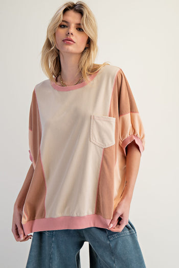 Easel OVERSIZED Terry Knit Color Block Top in Natural Oat