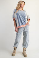 Easel OVERSIZED Terry Knit Color Block Top in Denim Grey