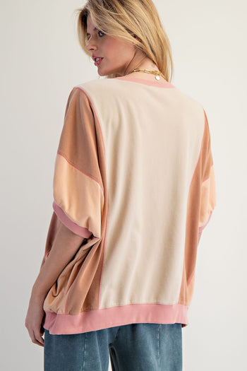 Easel OVERSIZED Terry Knit Color Block Top in Natural Oat