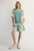 Easel OVERSIZED Terry Knit Color Block Top in Sage