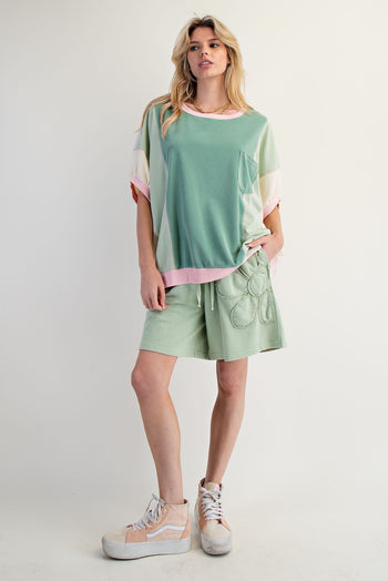 Easel OVERSIZED Terry Knit Color Block Top in Sage