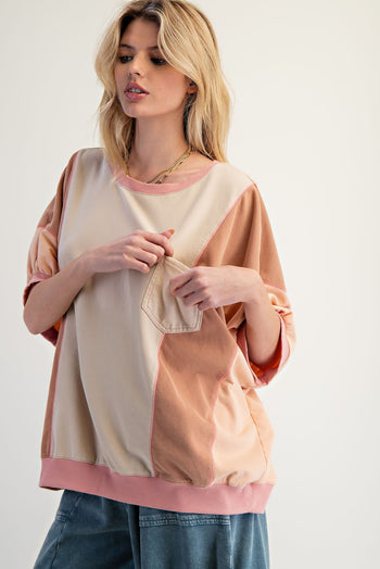 Easel OVERSIZED Terry Knit Color Block Top in Natural Oat