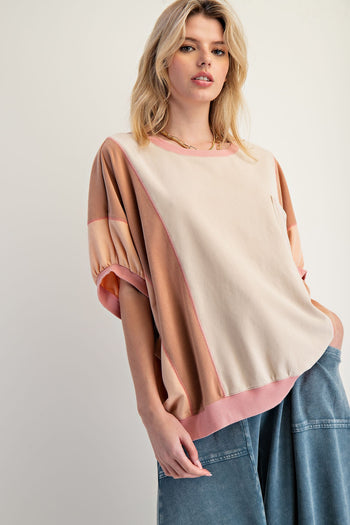 Easel OVERSIZED Terry Knit Color Block Top in Natural Oat