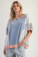 Easel OVERSIZED Terry Knit Color Block Top in Denim Grey