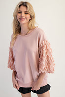 Easel Terry Knit Top with Organza Bubble Sleeves in Vintage Rose