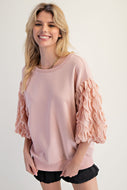 Easel Terry Knit Top with Organza Bubble Sleeves in Vintage Rose