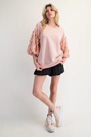 Easel Terry Knit Top with Organza Bubble Sleeves in Vintage Rose