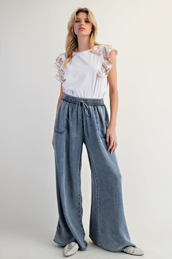 Easel Chambray Palazzo Pants in Washed Denim