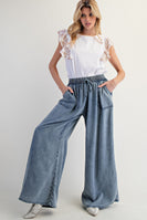 Easel Chambray Palazzo Pants in Washed Denim