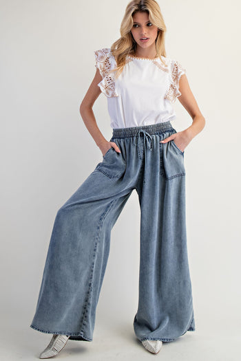Easel Chambray Palazzo Pants in Washed Denim