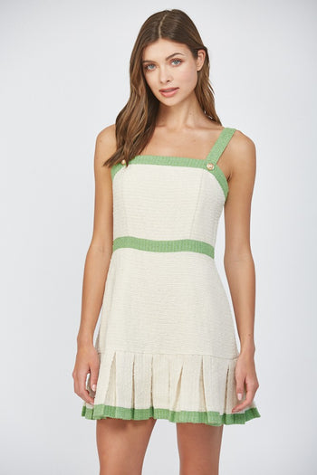 FATE Contrasting Color Tweed FITTED Mini Dress in Cream/Green