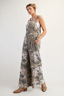 Easel Camouflage Print Thermal Knit Jumpsuit in Ecru Olive