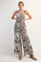 Easel Camouflage Print Thermal Knit Jumpsuit in Ecru Olive