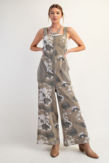 Easel Camouflage Print Thermal Knit Jumpsuit in Ecru Olive