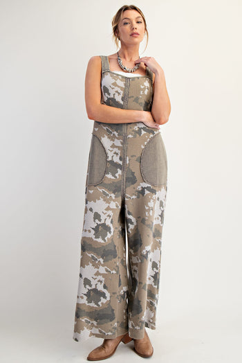 Easel Camouflage Print Thermal Knit Jumpsuit in Ecru Olive