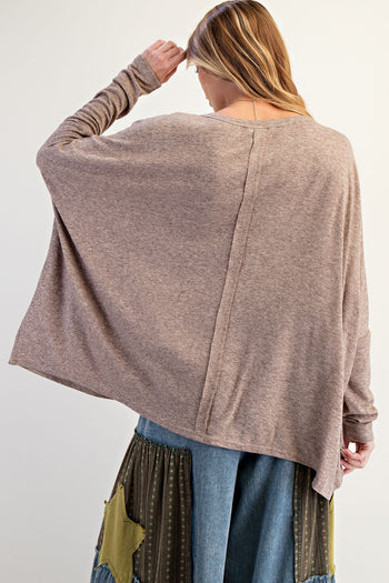 Easel OVERSIZED Melangie Dolman Top with Peace Sign Patch in Mushroom