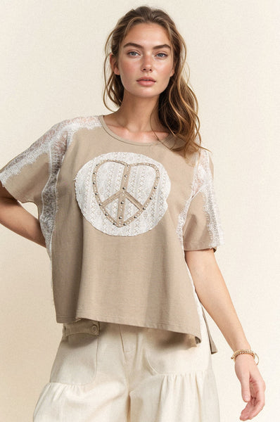 Davi & Dani Knit Top with Lace Details and Heart Peace Sign Patch