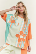 J.Her Striped Flower Patched Mineral Washed Top in Orange/Mint