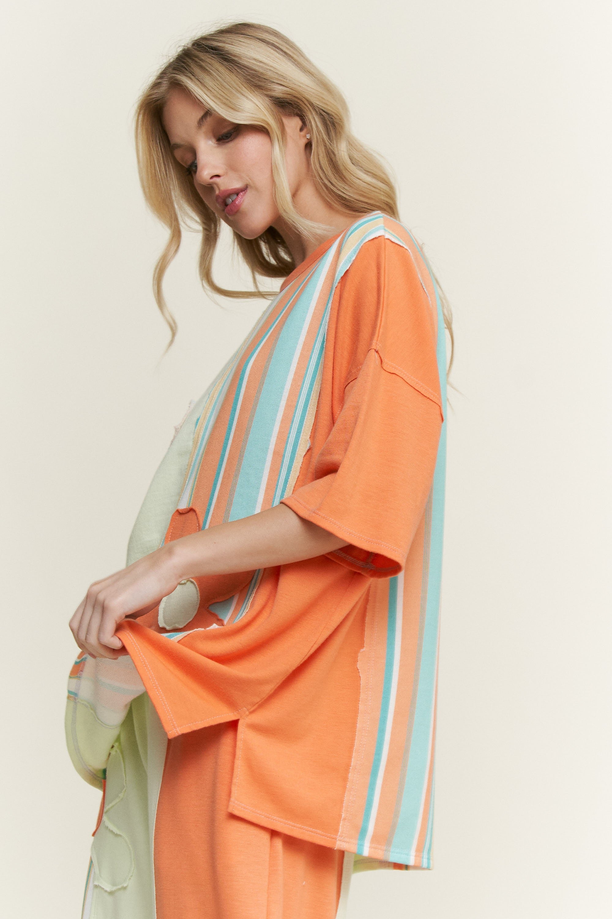 J.Her Striped Flower Patched Mineral Washed Top in Orange/Mint