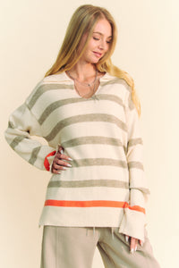 Davi & Dani Striped Loose Fit Collared Sweater in Cream Beige