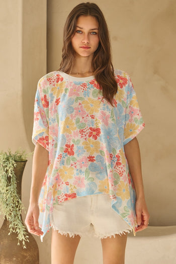 Oddi Floral Print Hacci Knit Top in White