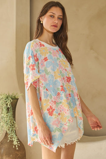 Oddi Floral Print Hacci Knit Top in White