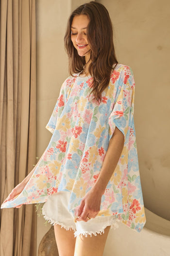 Oddi Floral Print Hacci Knit Top in White