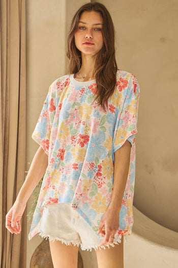 Oddi Floral Print Hacci Knit Top in White