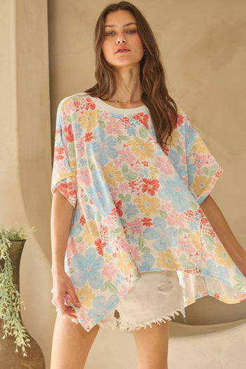 Oddi Floral Print Hacci Knit Top in White