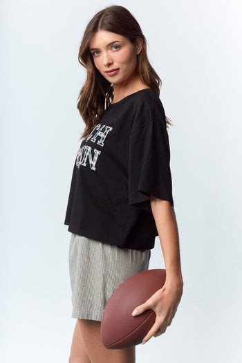 RARERAW Boxy CROP Top with TOUCH DOWN Patched in Black