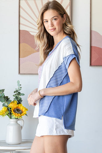 7th Ray Mixed Patchwork Top in Denim Blue